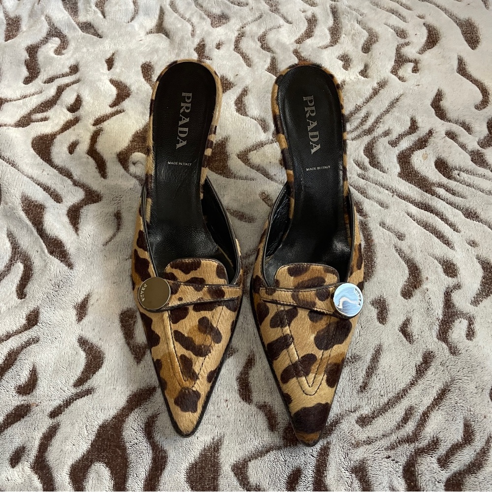Vintage Prada animal print pony hair mules